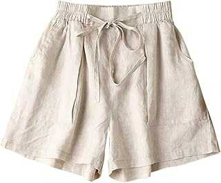 Women's Elastic Waist Linen Shorts Knot Front Wide Leg Casual Vacation Shorts with Pockets