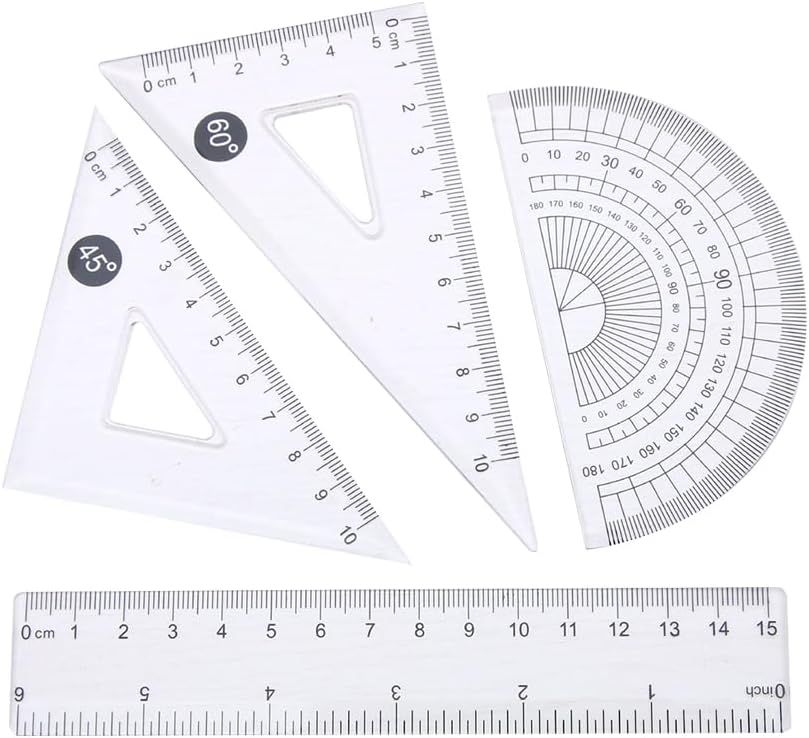 Ruler Set for Students, Students, Work, Exams, Convenient to Carry, Accurate Scales, Multifunctional, Picture, Math, 4-Piece Set, Transparent Color