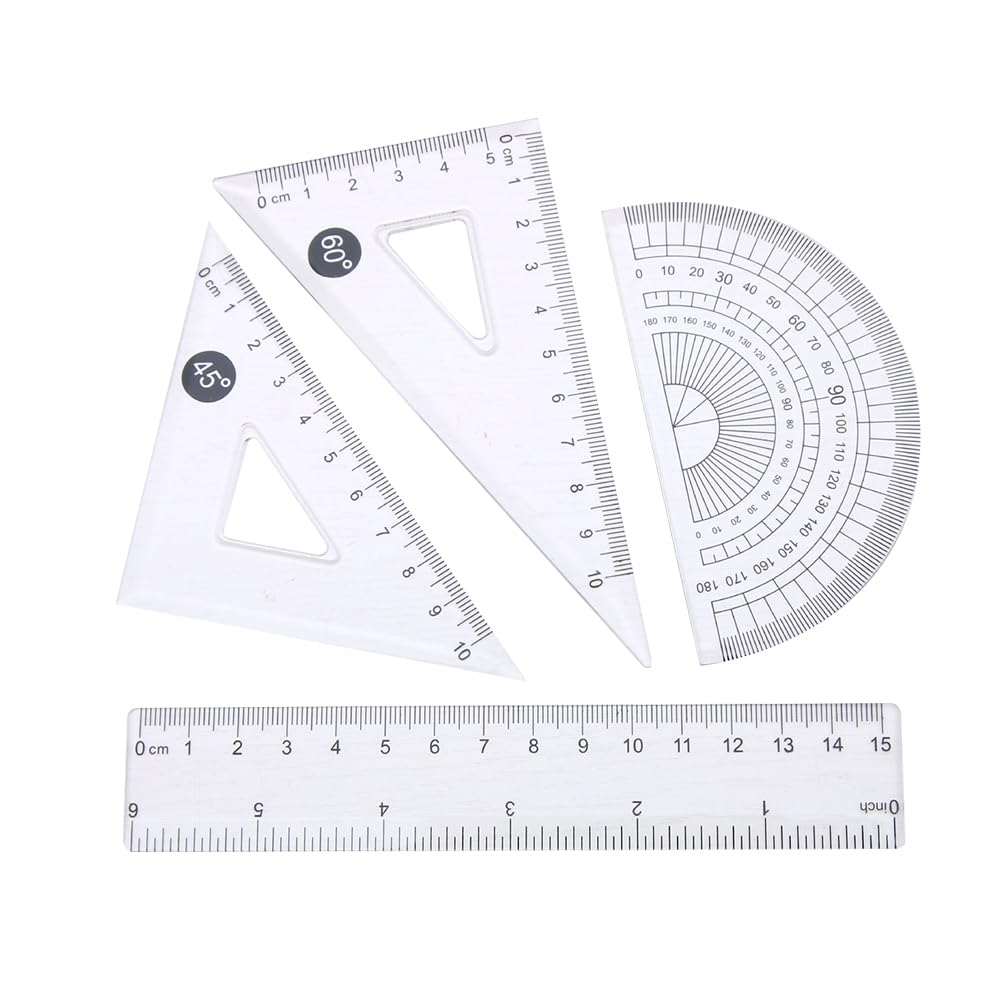 Ruler Set for Students, Students, Work, Exams, Convenient to Carry, Accurate Scales, Multifunctional, Picture, Math, 4-Piece Set, Transparent Color