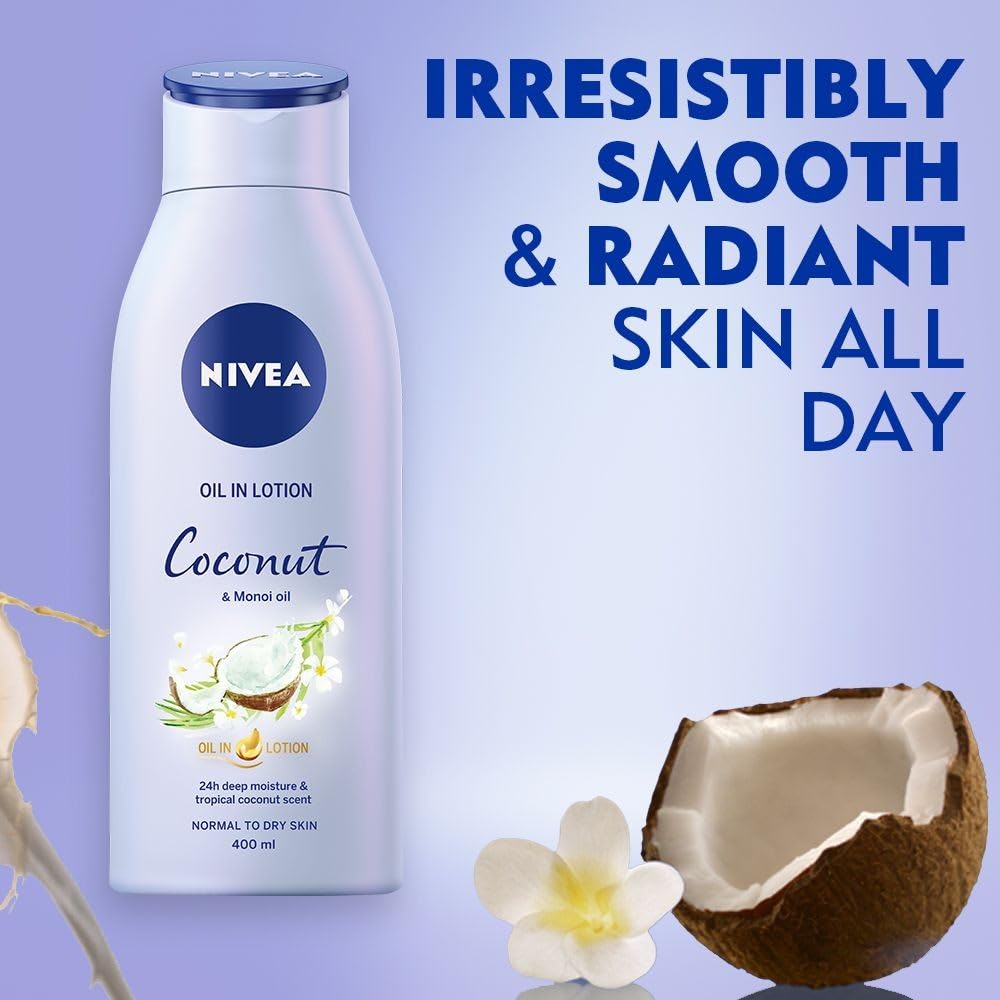 NIVEA Oil in Lotion, Coconut and Monoi Oil, 400ml, 24h Deep Moisture, Normal to Dry Skin, 400 ml (Pack of 1) - Image 2