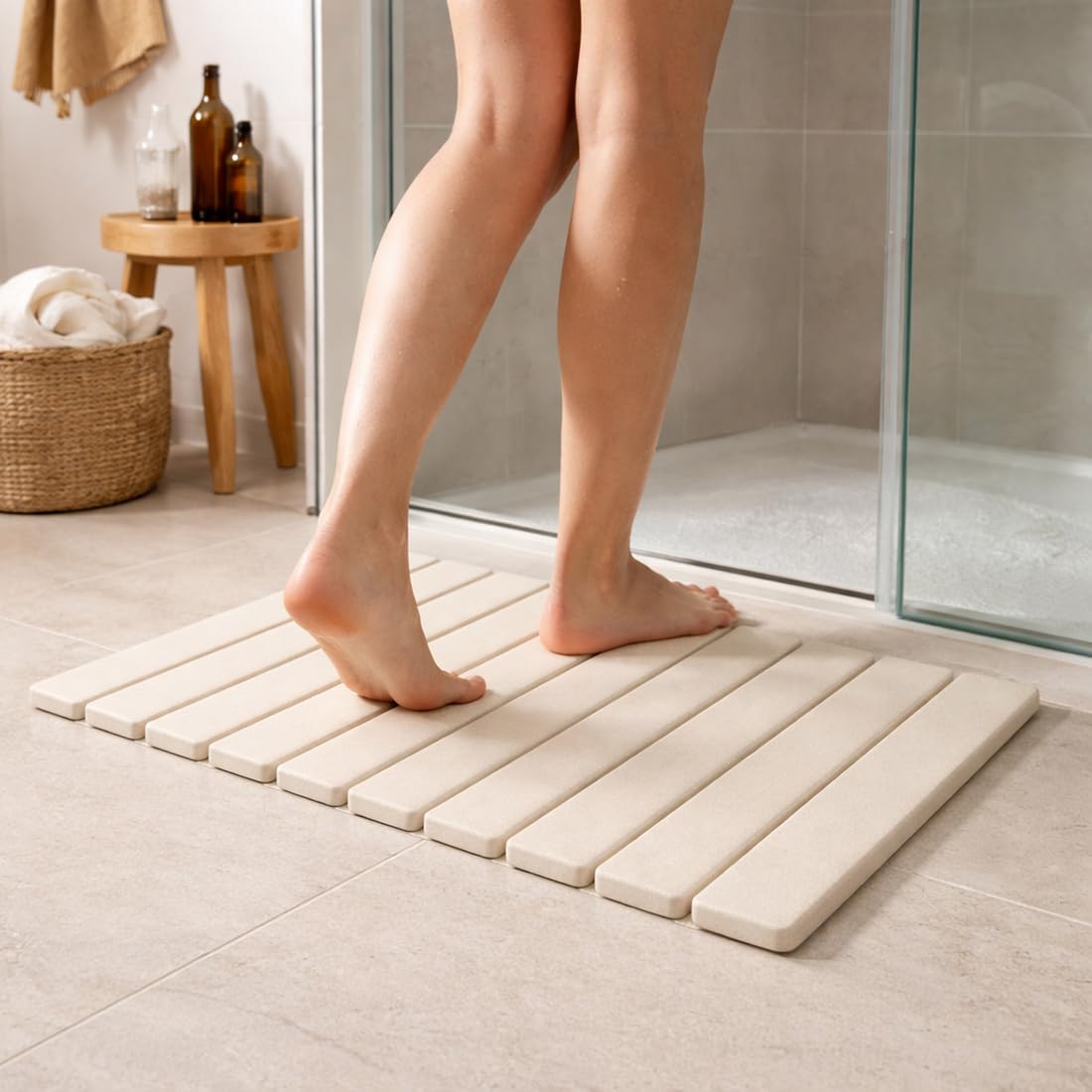 Acomoda Textil – Alfombra de Baño de Piedra Diatomita 40x60 cm Enrrollable. Tapete Antideslizante de Secado Rápido y Alta Absorción Práctico, Higiénico y Funcional para Hogar (Rejilla Beige) - 2