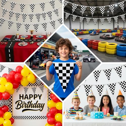 98 Feet Black and White Checkered Flag Banner - Checkered Pennant Banner Racing Flag for Nascar Race Car Themed Birthday Party Decorations Supplies
