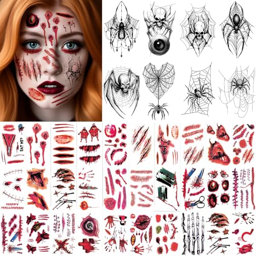 38 Blatt Halloween Tattoos, 3D Wunden Narben Spinnen Fake Blut Tattoo, Horror Halloween Kostüm Damen Herren Gesicht Aufkleber, Zombie Vampir Teufel Kostüm Kinder Erwachsene Gruselig Kunstblut Sticker., 3.99 €