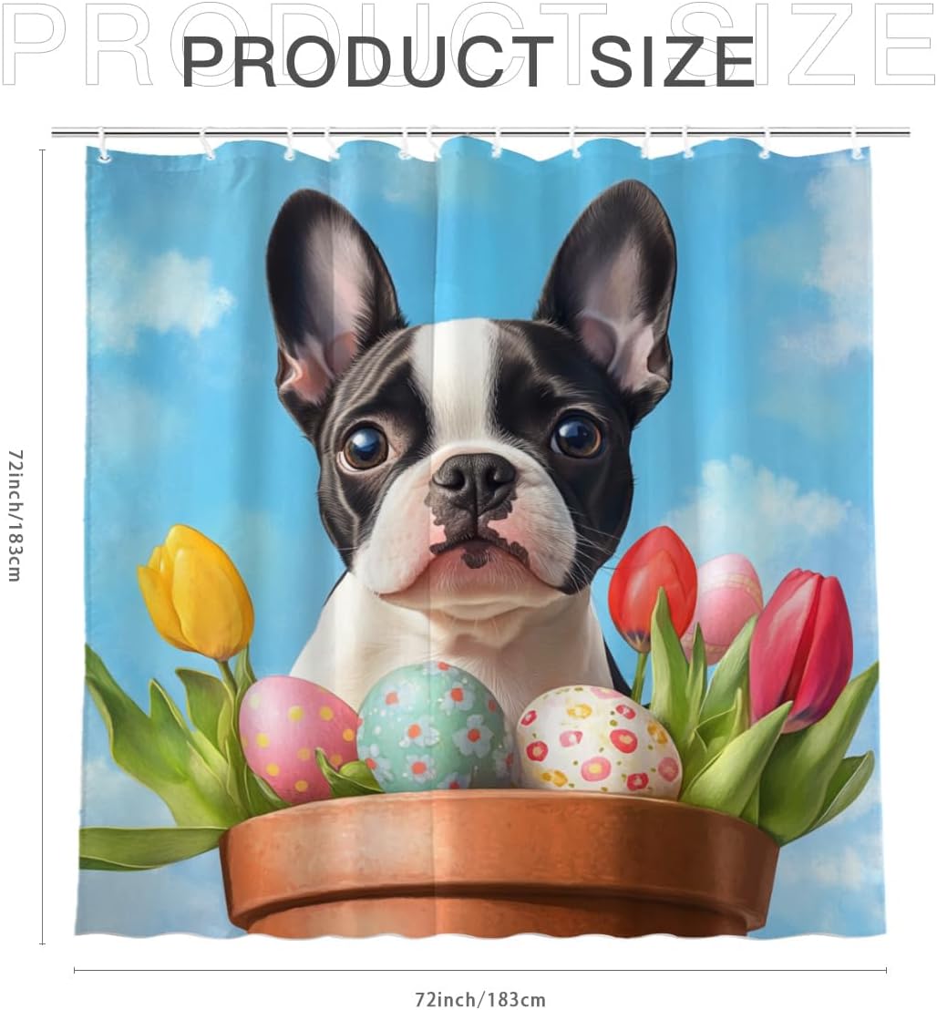 Easter Shower Curtains for Bathroom Boston Terrier Bathroom Curtains Spring Bath Curtain Waterproof Fabric Shower Curtains with 12 Hooks 72''x72''