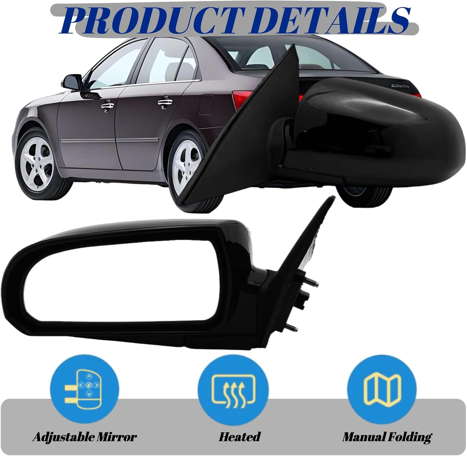 Left Driver Side Mirror Compatible with 2006 2007 2008 2009 2010 Hyundai Sonata With Heated Power Glass Manual Folding 5 Pins Black Without Signal Light