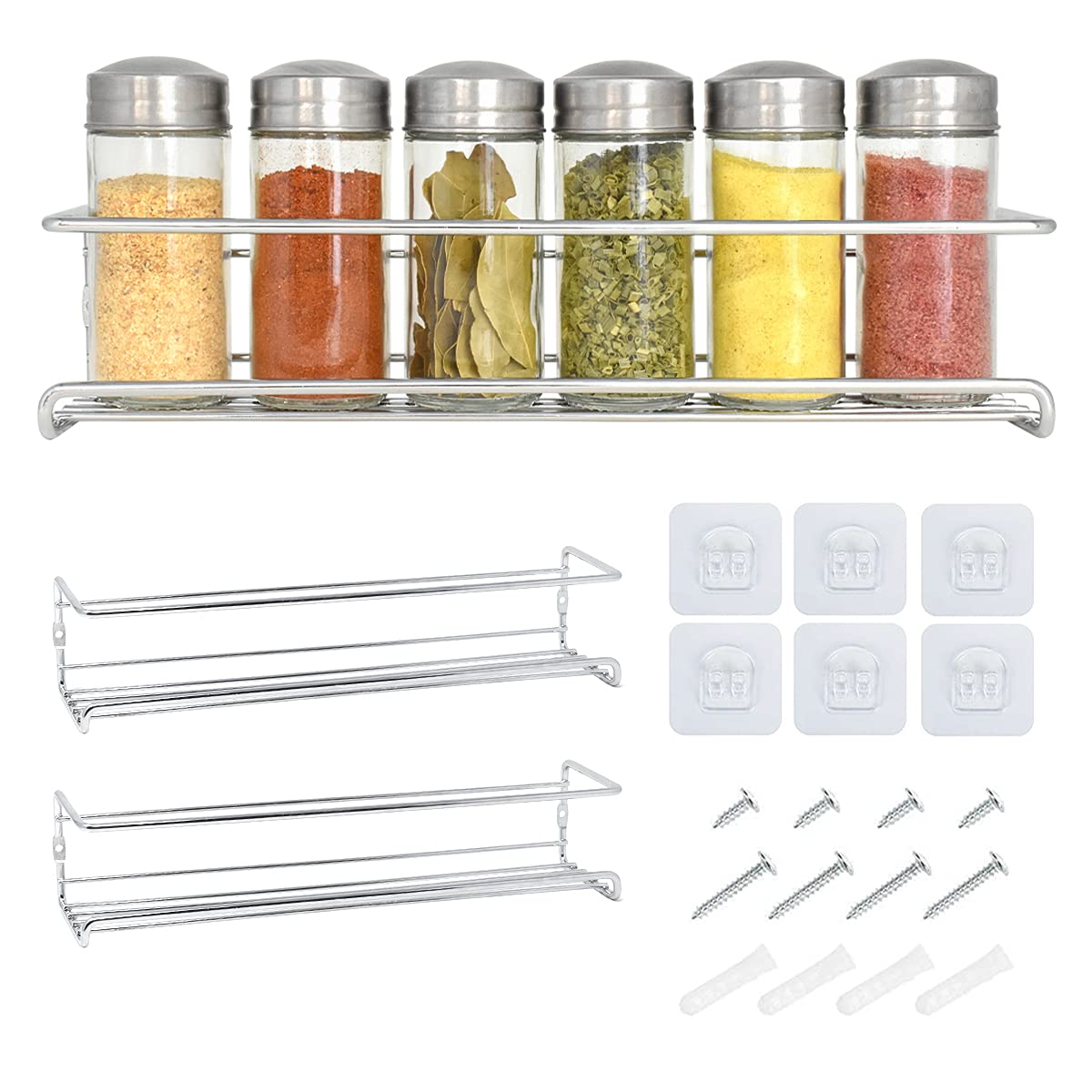 Joeji's Kitchen Silver 2 Tier Metal Spice Racks, Wall Mounted Spice Jar Storage Rack Organiser, Hanging Spice Rack For Inside Cupboard, Strong Adhesive No Drill For Spices Condiments Cooking Tools, …