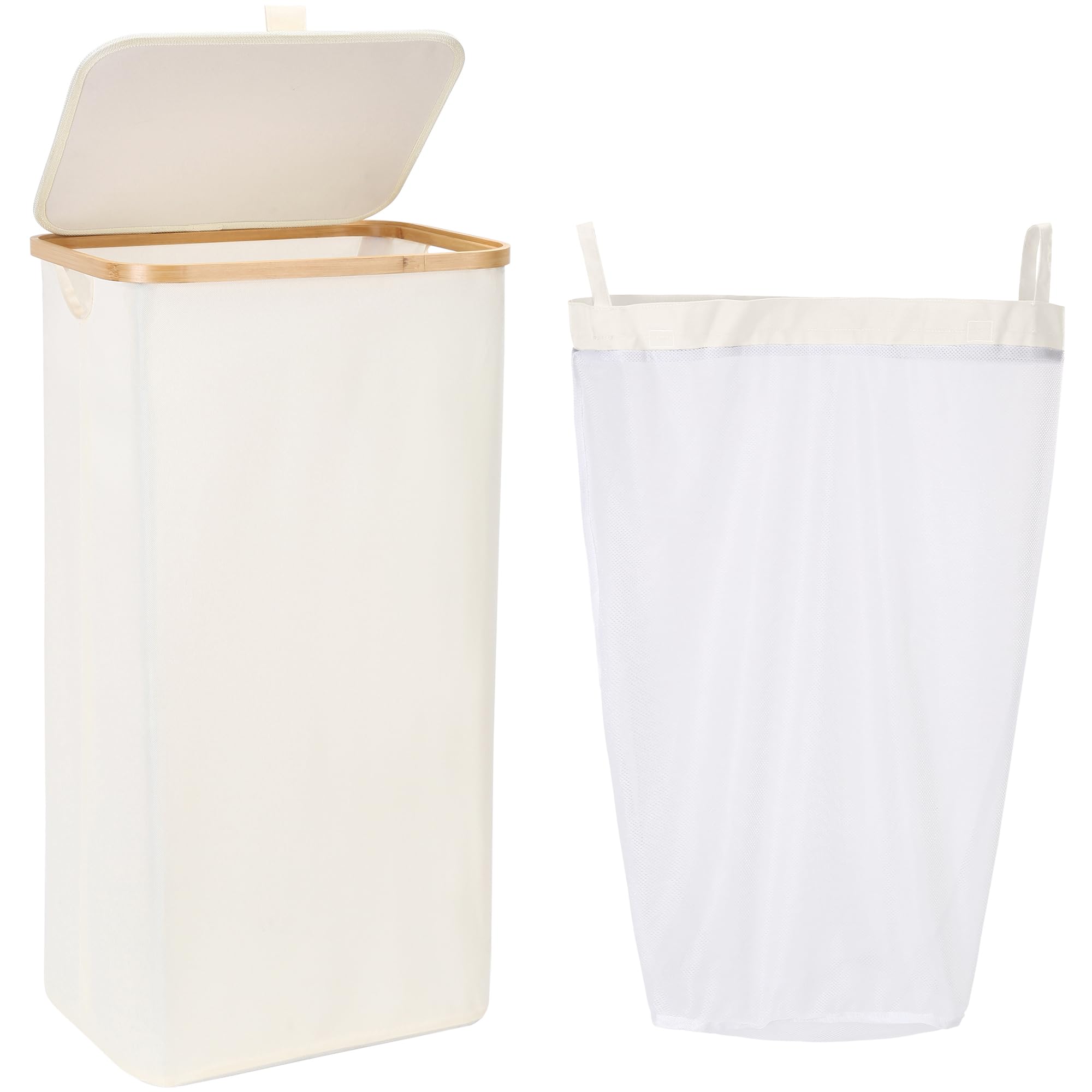Sea Team White 90L Foldable Laundry Bin Bamboo Handles Removable Liner Lid
