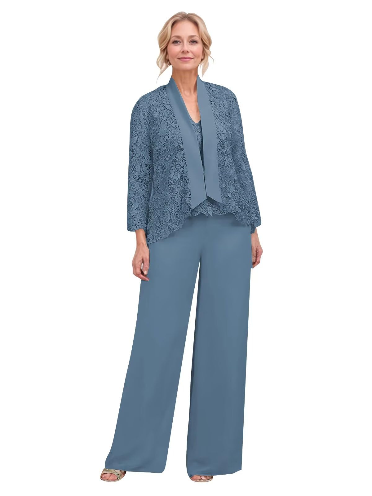 3 Pieces Laces Chiffon Mother of The Bride Pant Suits for Wedding Long Sleeve Formal Pant Suit Wedding