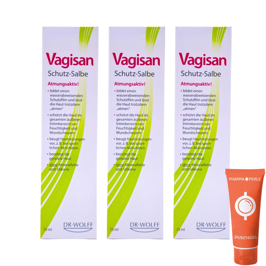 Vagisan Schutz-Salbe 3x 75 ml I Pflege für empfindliche Haut im äußeren Intimbereich I Atmungsaktiver Schutzfilm gegen Reibung I Ohne Mineralfette & Silikone I Spar-Set plus Pharma Perle give-away