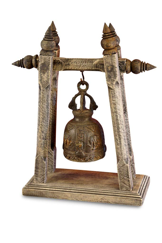 Cloche temple avec trépied - Cloche en bronze - Bois massif - Décoration thaïlandaise - Trépied de 30 cm