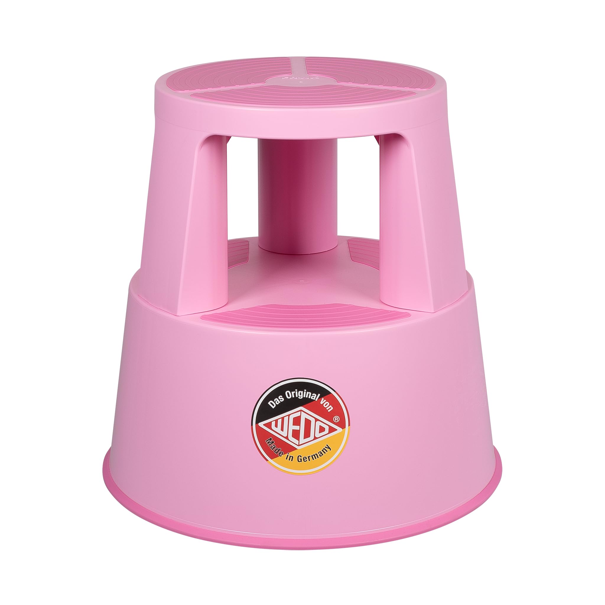 WEDO x FRNK Rollhocker Super Step – robuster Tritthocker aus Kunststoff, TÜV/GS-geprüft nach EN 14183-F, rutschfest, rollbar, Made in Germany, Höhe ca. 43 cm, Tragkraft 150 kg, Pink