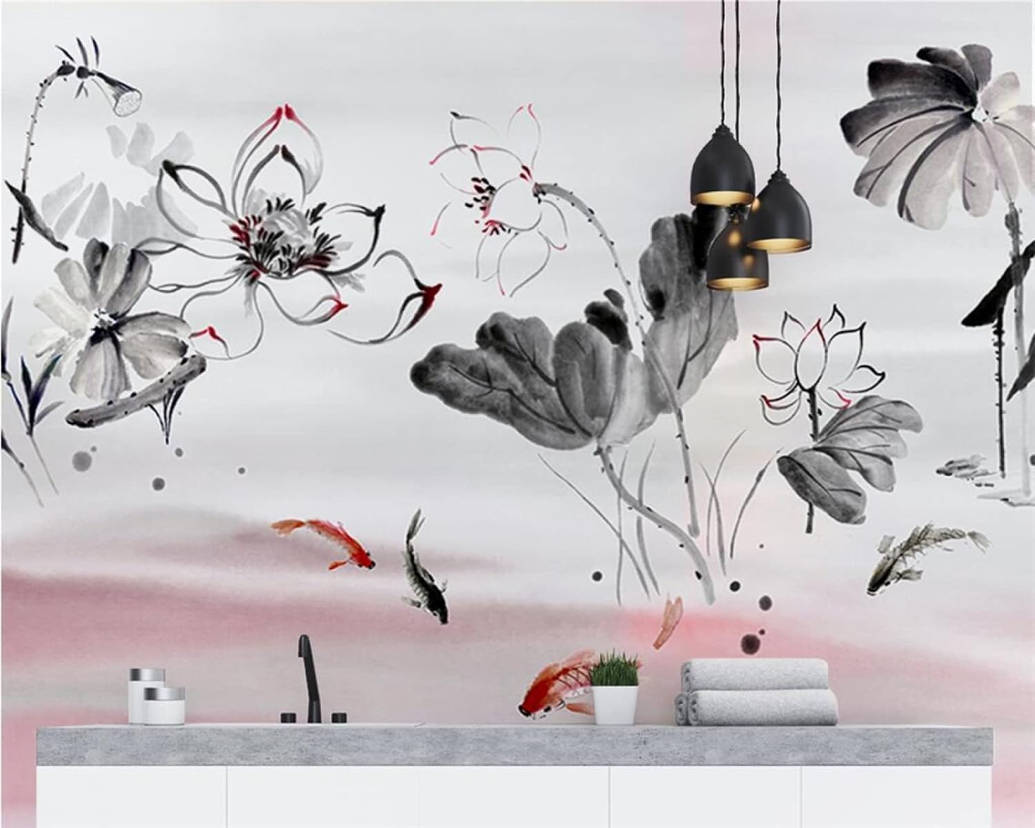 Papier peint 3d encre étang de lotus pour masquer un mur terne de salon ou chambre