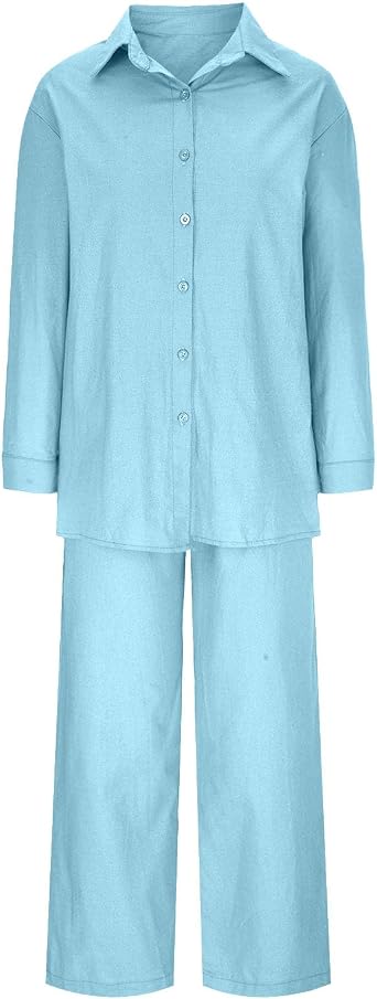 Two Piece Sets for Women Cotton Linen Lounge Set Long Sleeve Henley Shirt and Wide Leg Pants Matching Sets Outfits