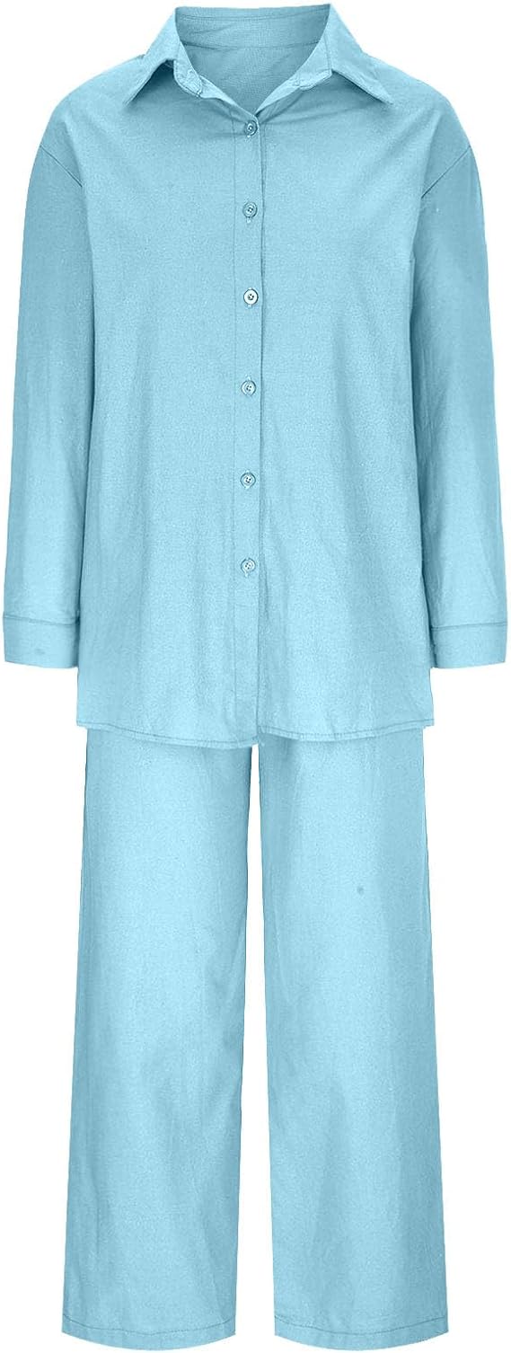 Two Piece Sets for Women Cotton Linen Lounge Set Long Sleeve Henley Shirt and Wide Leg Pants Matching Sets Outfits