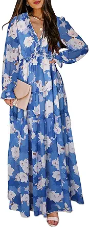 BLENCOT Womens Casual Floral Deep V Neck Long Sleeve Long Evening Dress Cocktail Party Maxi Wedding Dresses