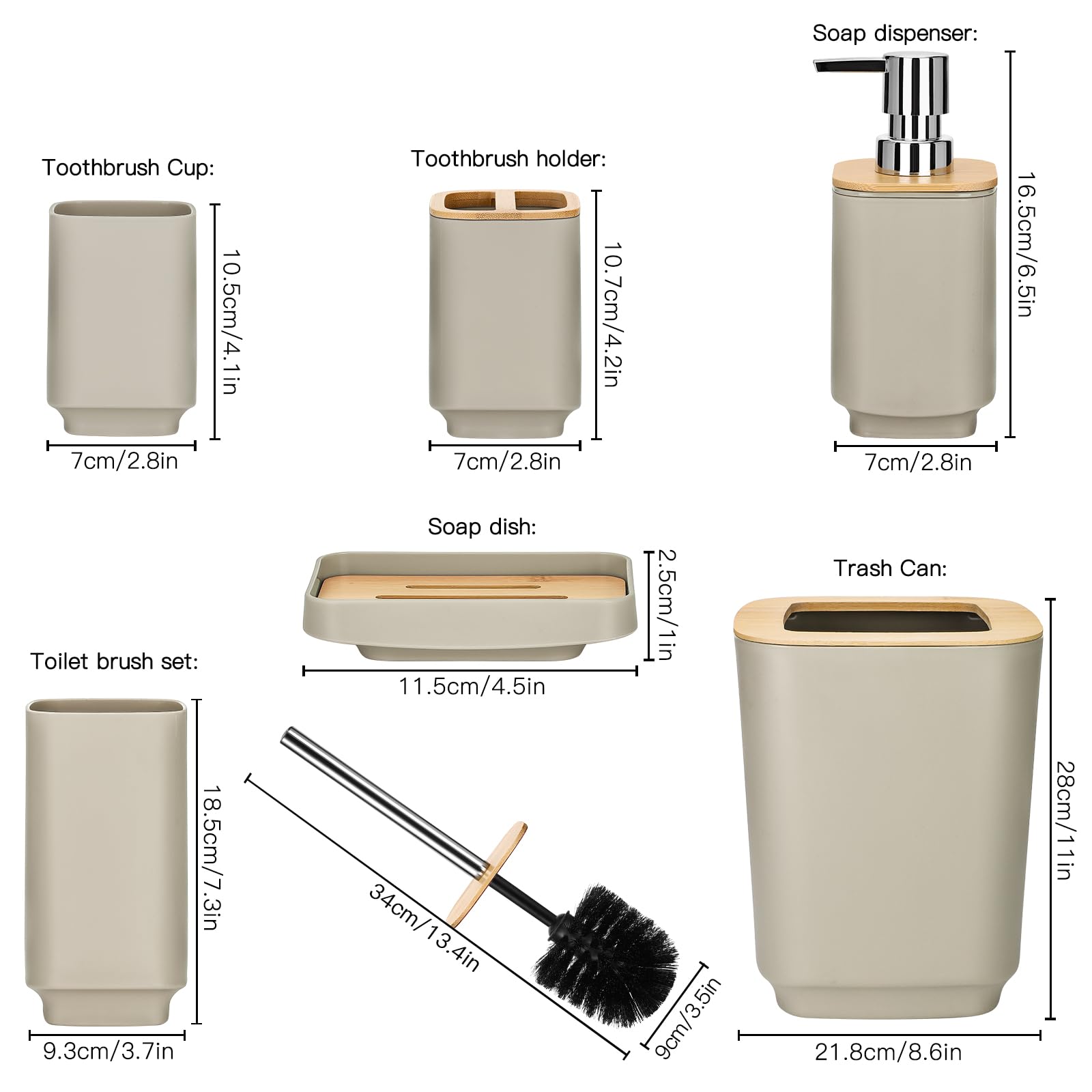 JOTOM Juego de 6 accesorios de baño de bambú, diseño moderno, 6 piezas, dispensador de jabón, soporte para cepillo de dientes, taza de dientes, jabonera, cepillo de inodoro, basura para baño,