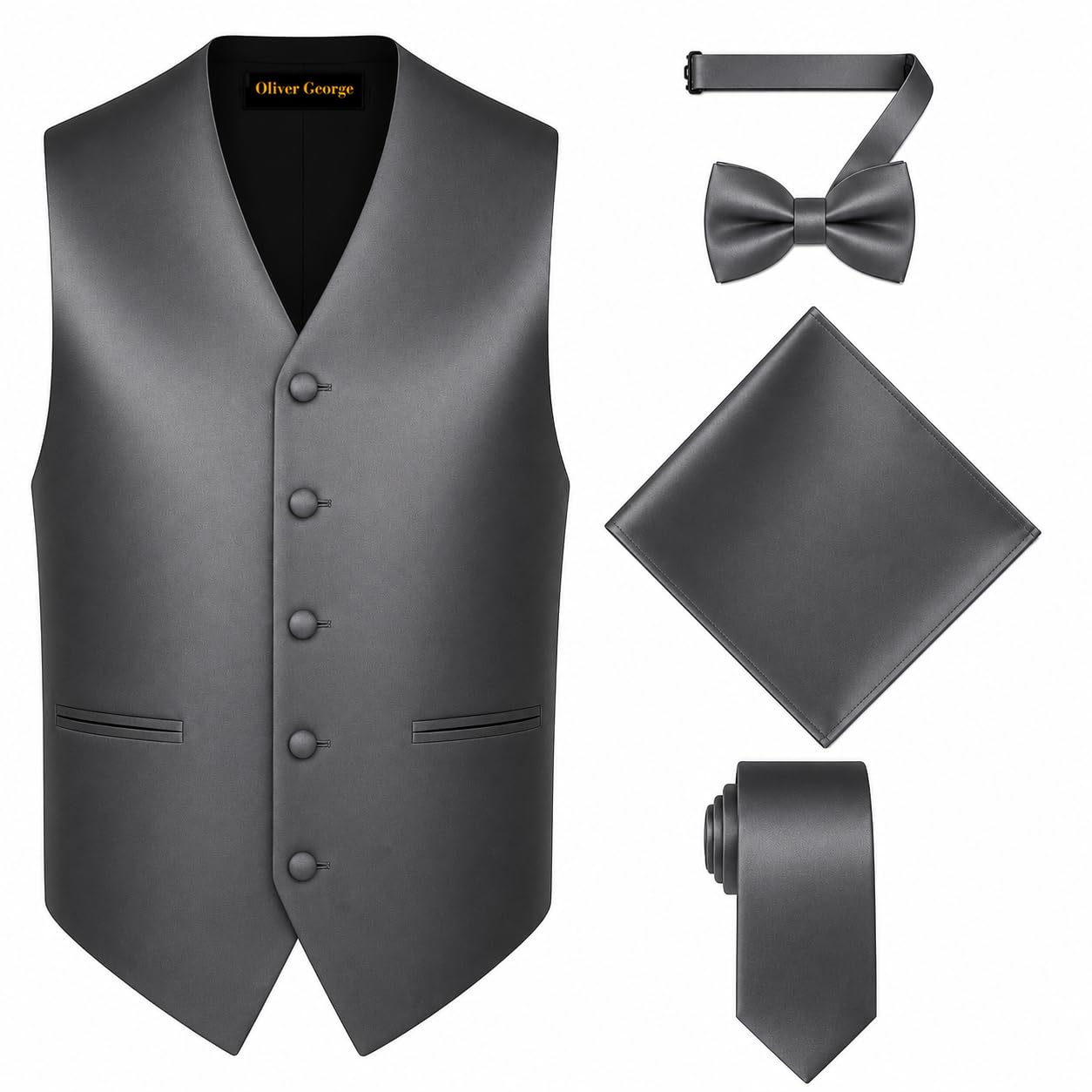 Oliver George 4pc Men's Solid Formal Suit Waistcoat Tuxedo Dress Vest Necktie Bowtie Handkerchief Set for Suit or Tuxedo