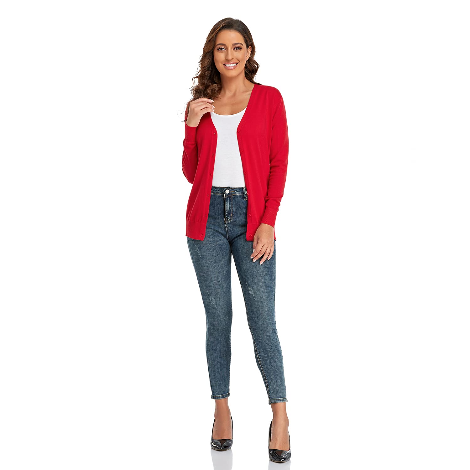 CUNYI Gilet Femme, Chandail Tricot avec Boutons pour Femme, Pull Veste Cardigan Col V Manches Longues Classique