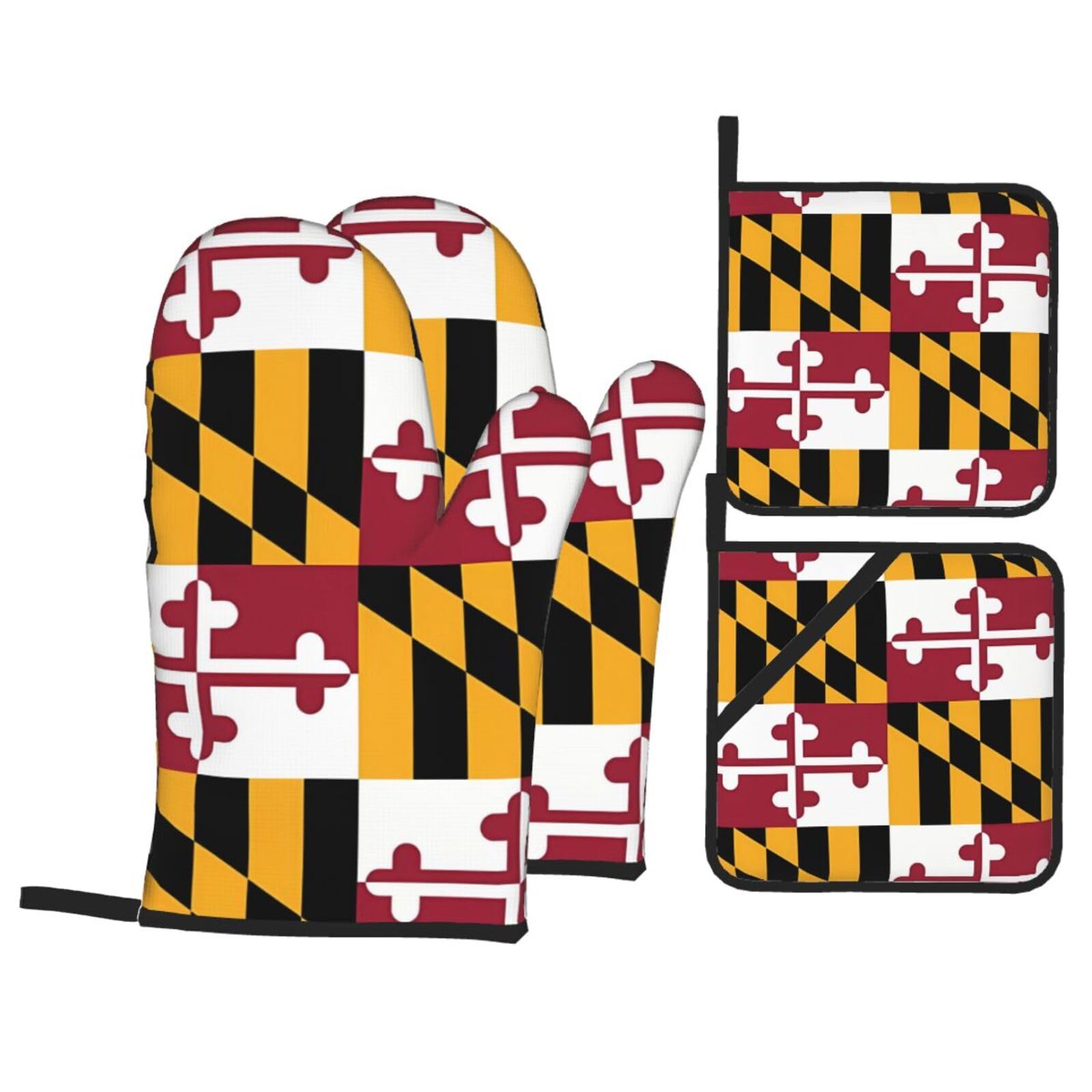 WHJSSF Flag of Maryland Prints Kitchen Baking Set - 4-Piece Heat Protection Layers with Waterproof Potholders for Oven, Grill & Serving