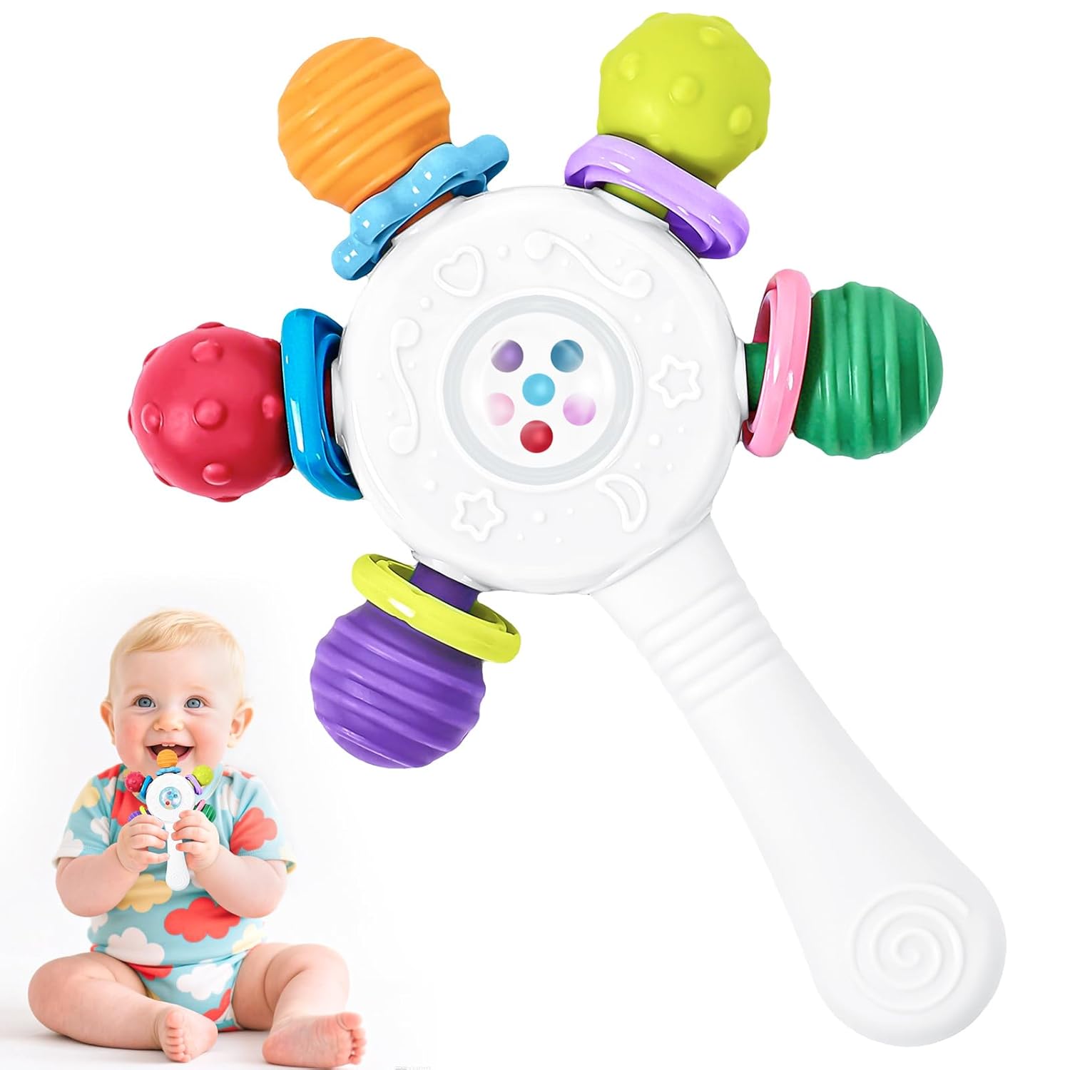 Teething Ring Baby, Baby Toy from 3 Months BPA-Free Food Grade Sensory Rattle Hearing and Tooth Development Teething Toy Montessori Toy (White)