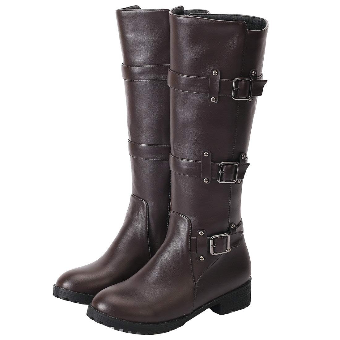 MAVMAX Womens Zipper Knee High Moto Boots Round Toe Motorcycle Boots Chunky Low Heel Biker Booties Buckle Long