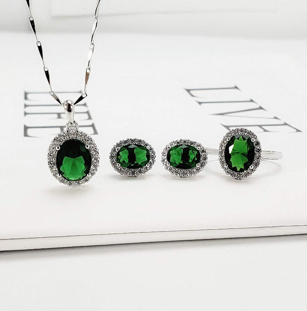 Moda S925 Sterling Silver Necklace Abertura Anillo Pendientes Joyería Conjunto De Mujeres De Cristal Oval Verde Retro Clásico Encanto Creativo Regalo De Alta Gama