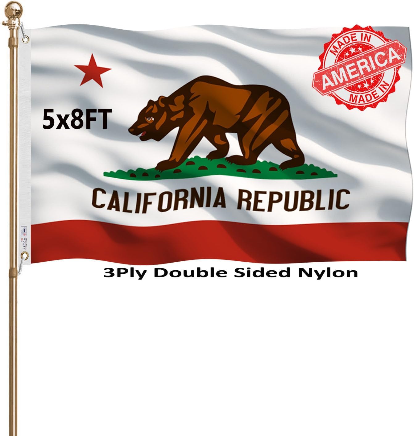 California Republic State Flag 2x3 FT Made in The USA-Heavy Duty Vibrant Colors Double Sided Cali CA Flag with 2 Brass Grommets for Home/Company/Indoor Outdoor Decoration