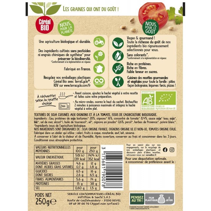 CEREAL BIO - Haché Végétal Bolognaise Soja 250g - Alternative Végétarienne et Biologique - Parfait pour une Alimentation Saine - Le Lot De 4