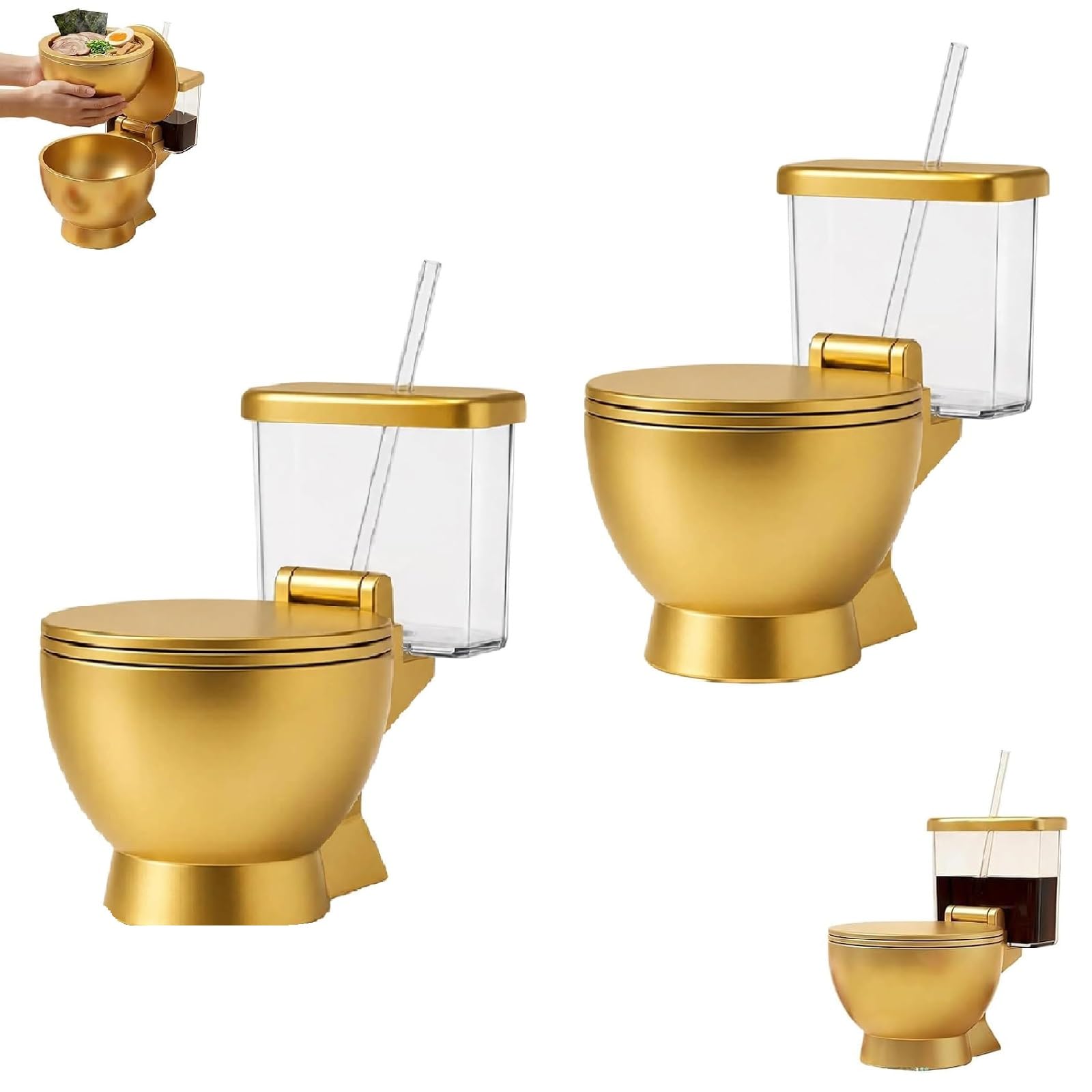 WC-Ramenschüssel, Keramik-Nudelschüssel-Set mit integriertem Becher und Strohhalm, wiederverwendbare Suppenschüssel für Instant-Nudeln, Snacks und lustige Küche, Gold, 2 Stück