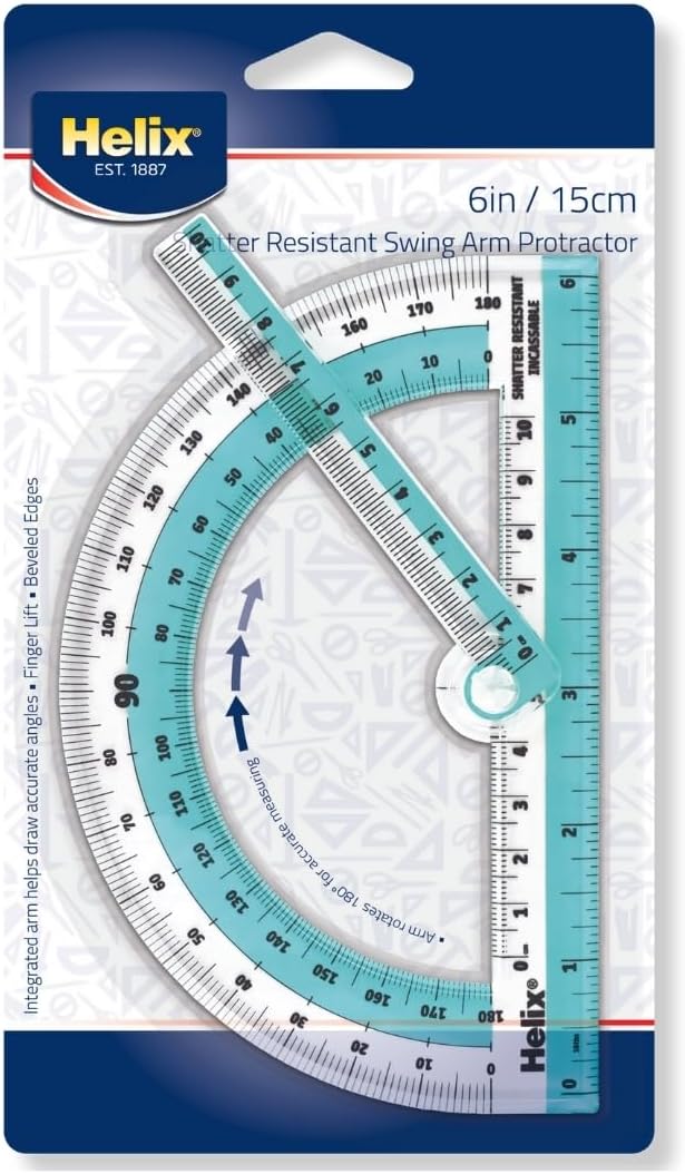 Maped - Helix Swing Arm Protractor 180 Degree Rotation - Ideal for Students - Classroom Angle Measurement - Precise Angle Measurement - Shatter-Resistant, Dual-Graduated, Transparent Design