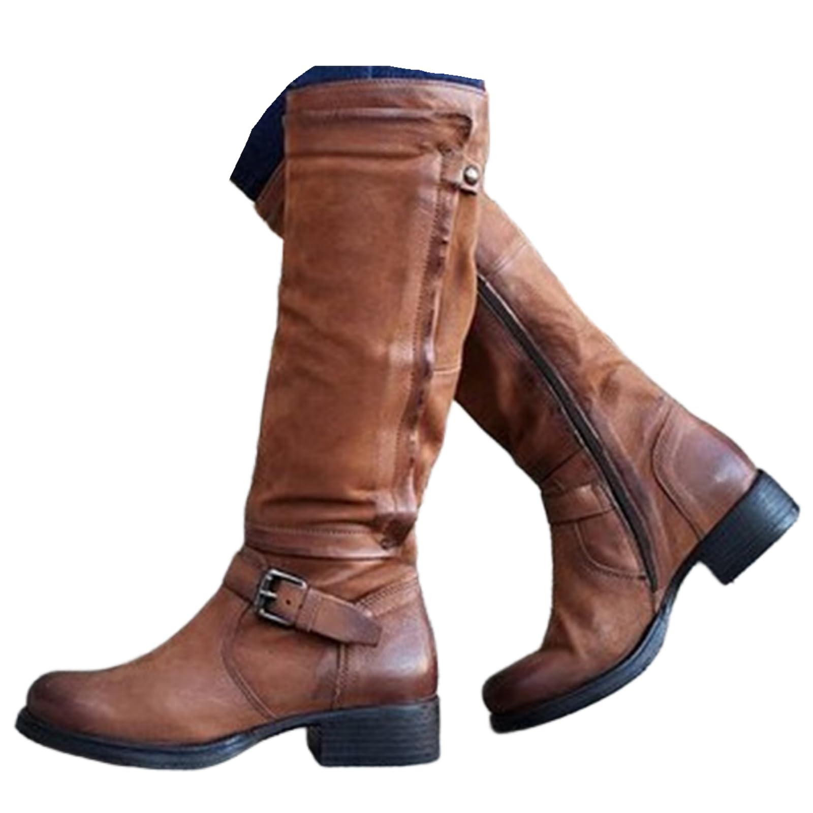 Boots For Women Knee High Low Heel Biker Motorcycle Boots Side Zipper Fashion Combat Riding Military Western Shoes