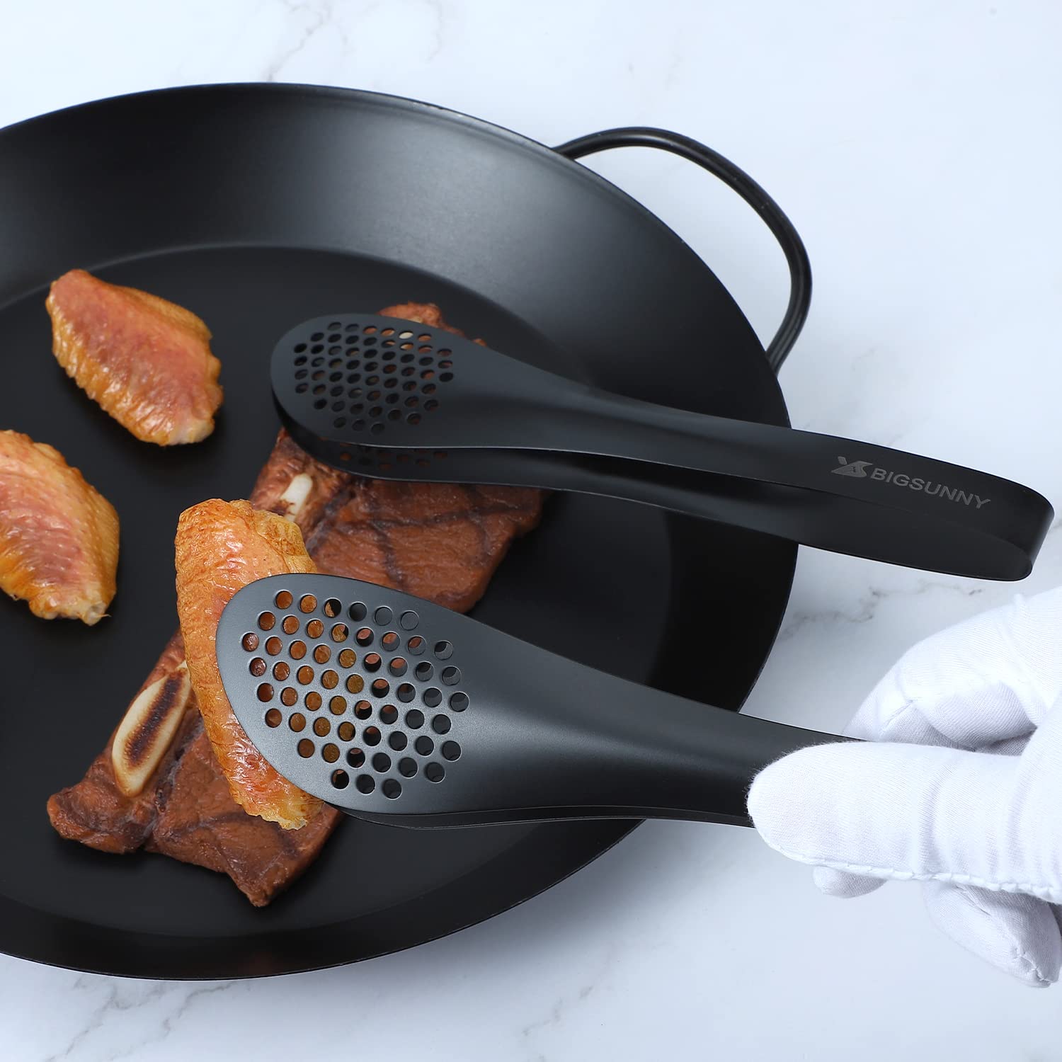 BIGSUNNY Pinzas para Buffet de Acero Inoxidable 9" Negro - Pinzas para Alimentos de Cocina