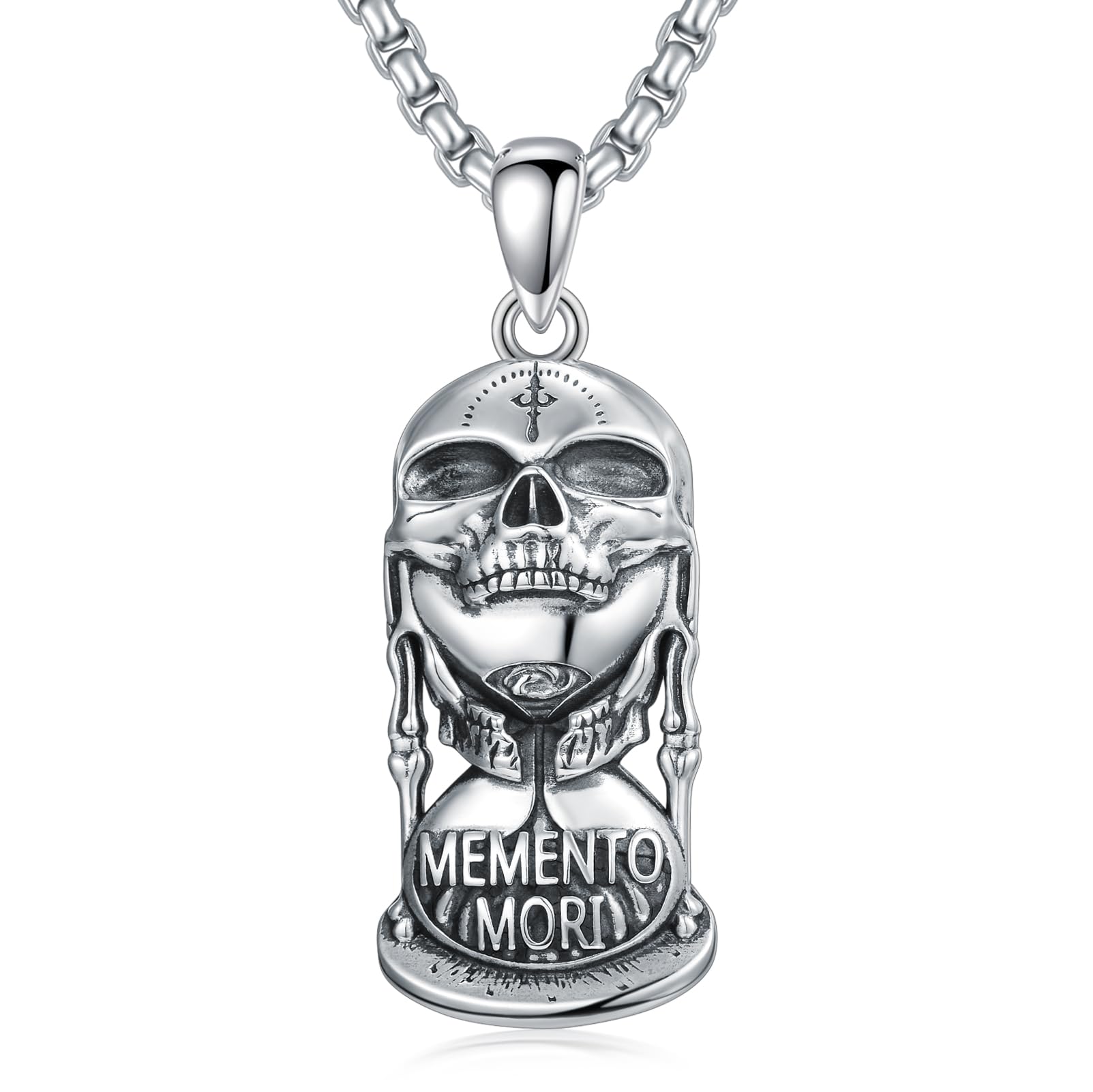 PELOVNY Memento Mori Necklace 925 Sterling Silver Skull Hourglass Necklace Stoic Skull Jewelry Stoicism Christmas Gifts for Men Women Unisex