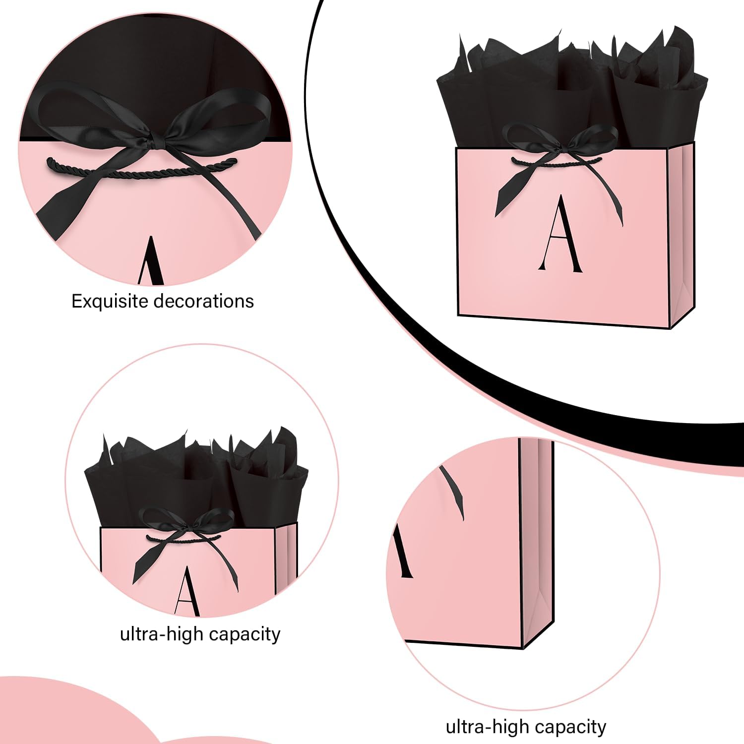 Linelglobal Pink Letter Gift Bag with Handles for Women 12.6" Anniversary Wedding Party Includes Envelope, Card, Wrapping Paper - Initial A - Image 3