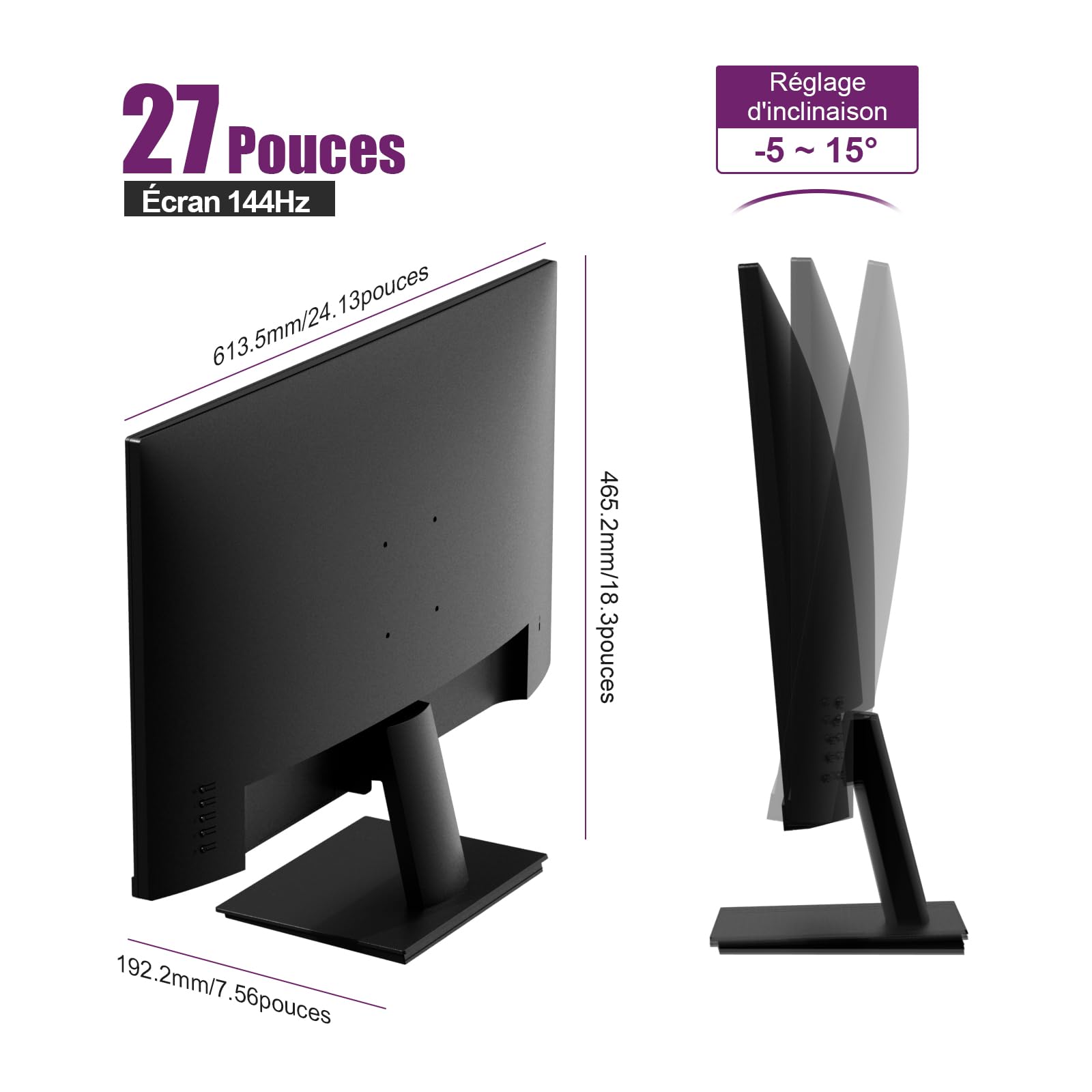 Ecran PC 27 Pouces, FHD 144Hz Moniteurs Gaming, VA Eye Care Screen, 99% sRGB, VESA 75x75mm, HDMI 2.0 & DP 1.4