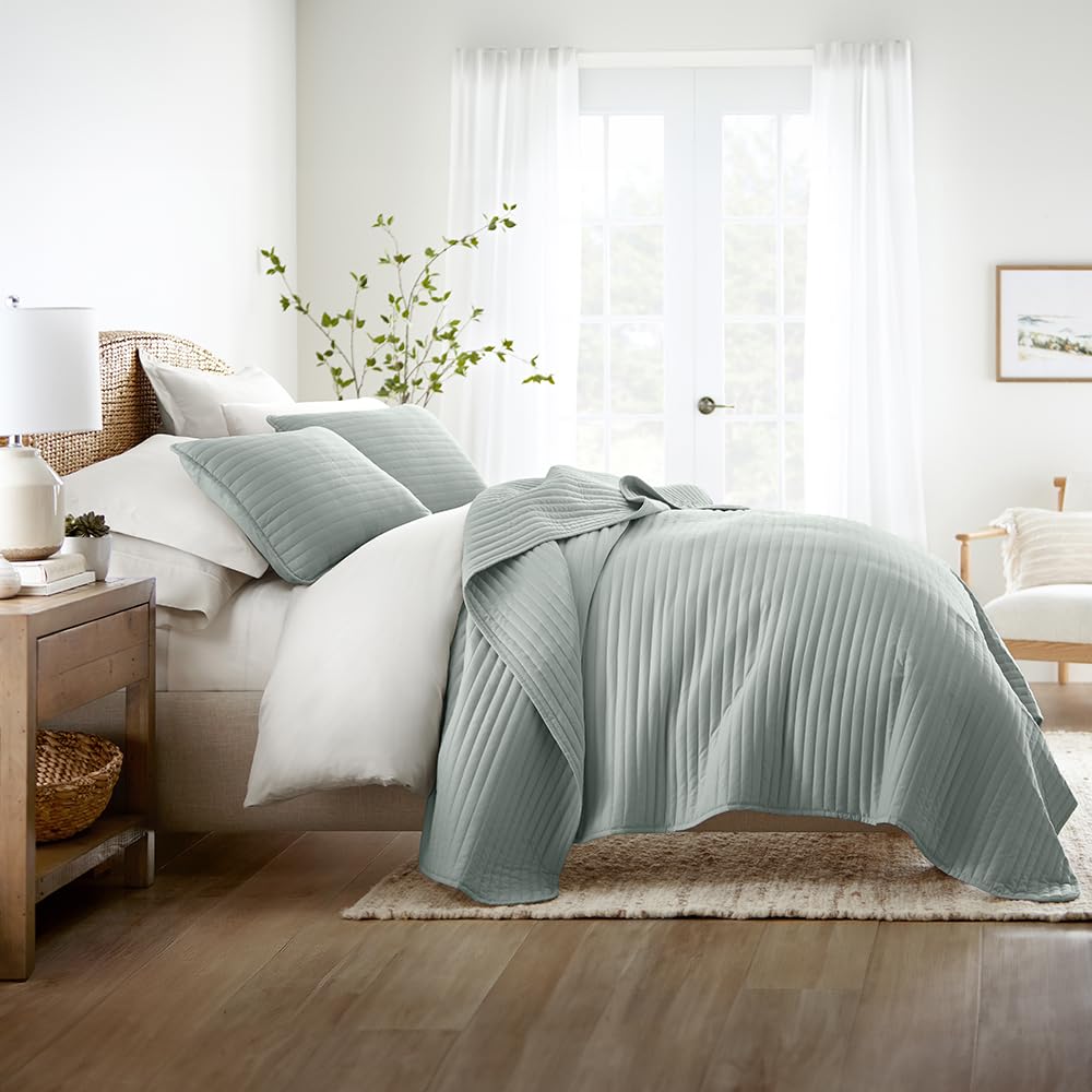 Linen Market Quilt Coverlet Set All Season Microfiber Modern Ultra Soft Bedding in Stripes Stitch - Full/Queen Stripes Stitch Eucalyptus