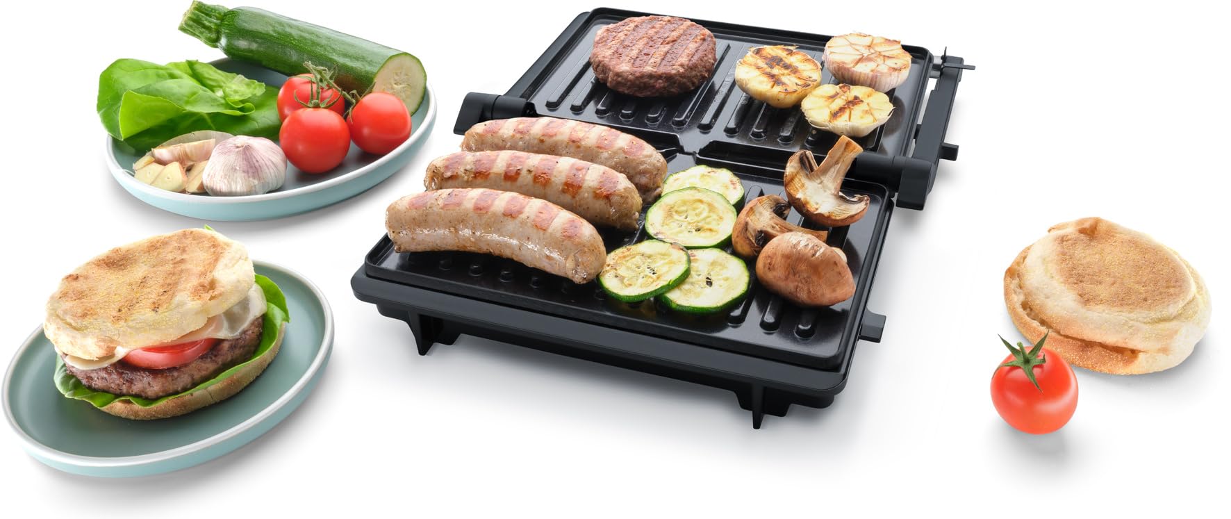 Steba Barbacoa de contacto FG 10 GRILLINO y parrilla Panini | plegable 180° como parrilla de mesa | Placas de cerámica sin PFAS 23 x 14,5 cm | 1000 W | Parrilla baja en grasa con bandeja recogedora |