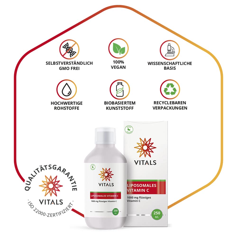 Vitals - Liposomales Vitamin C, 1000mg, Flüssiges Vitamin C, 250ml. Unterstützt das Immunsystem. 100% Vegan. Ohne Synthetische Duft-, Farb- und Aromastoffe.