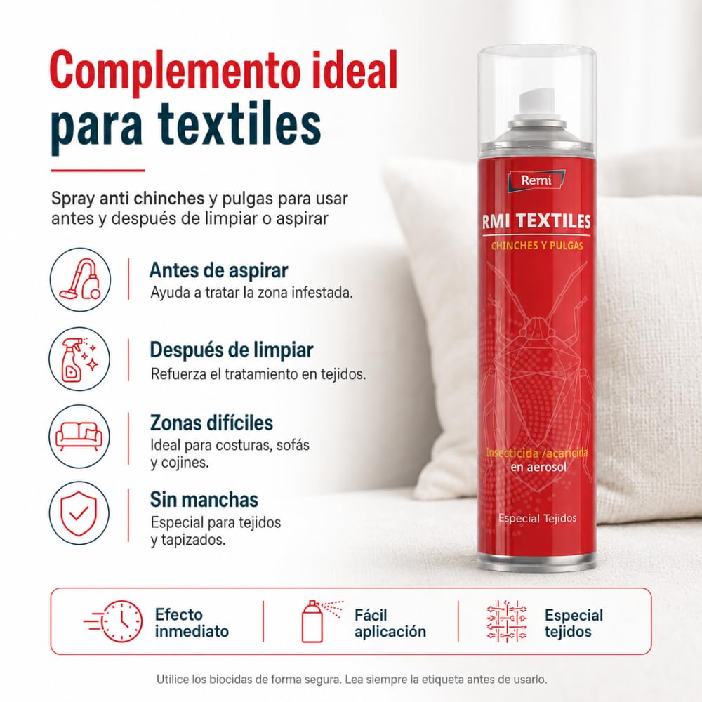 Remi Hogar Spray Anti Chinches y Pulgas Insecticida | Veneno | Aerosol Repelente Especial Tejidos | Eficaz | Aplicar en muebles