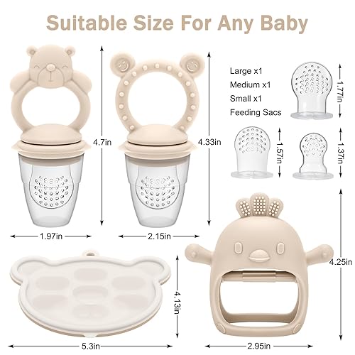 Miniatura 5 de Paquete de 4 manoplas de dentición de silicona para bebés con alimentador de alimentos de frutas y bandeja congeladora, juguete de alivio de la