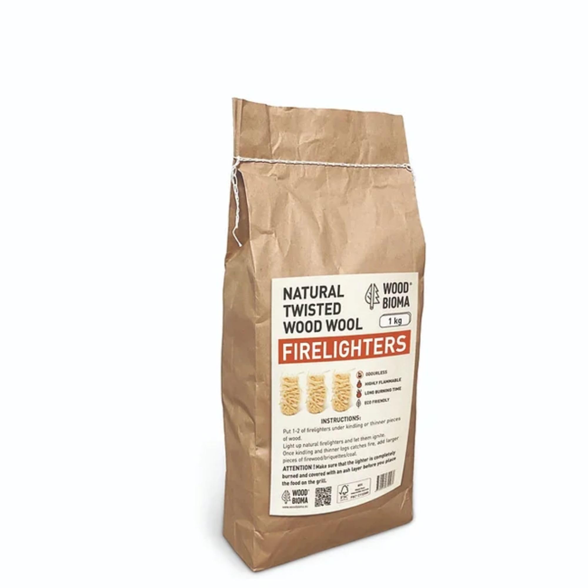 Wood Wool Firelighters, 1KG Bag, Eco-Friendly, FSC Certified, Pine Wood Shavings, 8-10 Minutes Burn Time