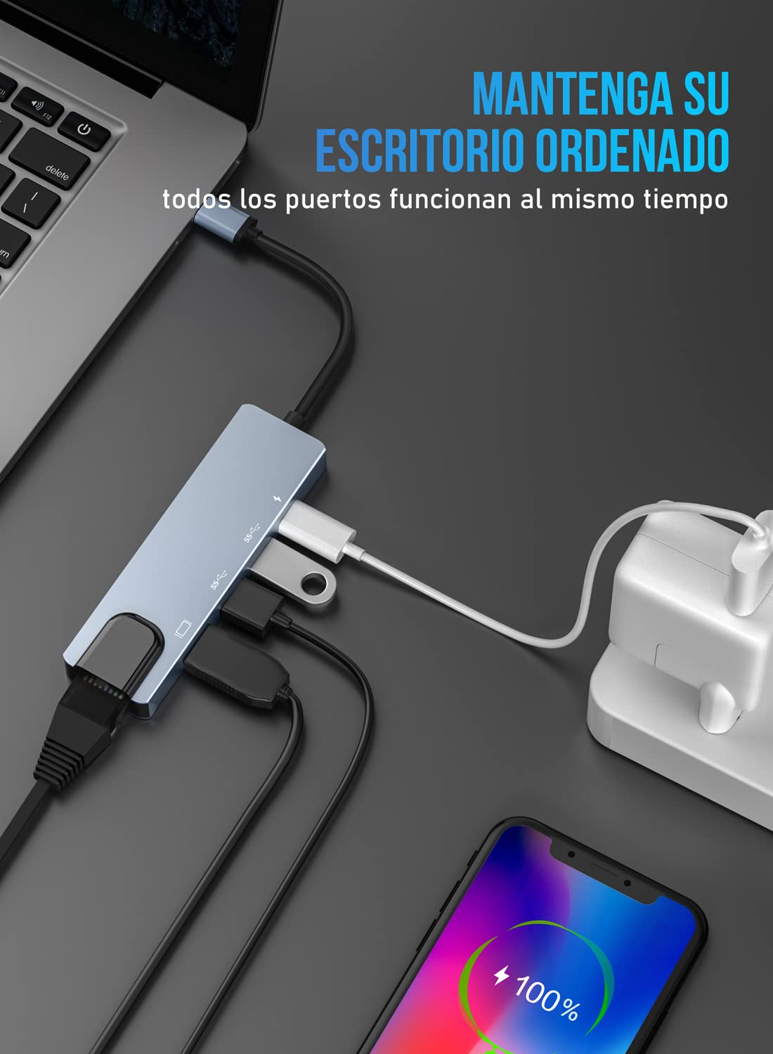 Lemorele Hub USB C con Ethernet, Adaptador USB C 5 en 1, Adaptador multipuerto con 4K HDMI, Ethernet LAN RJ45, 2 USB 3.0, PD 100W, Dock USB C para MacBook Pro/Air, ChromeBook, Switch, etc