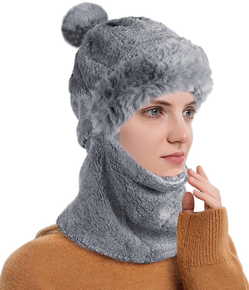 Gorro de Invierno con Pasamontañas Mujer Cálido Prueba de Viento Bufanda de Sombrero con Forro y Pompom para Esquí al Aire Libre
