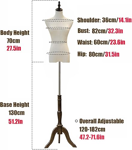 Miniatura 6 de Female Dress Form Female Mannequin Torso Clothing Display, Adjustable Height 47.2-71.6 Female Dressmaking Mannequin Dummy with Tripod Stand for