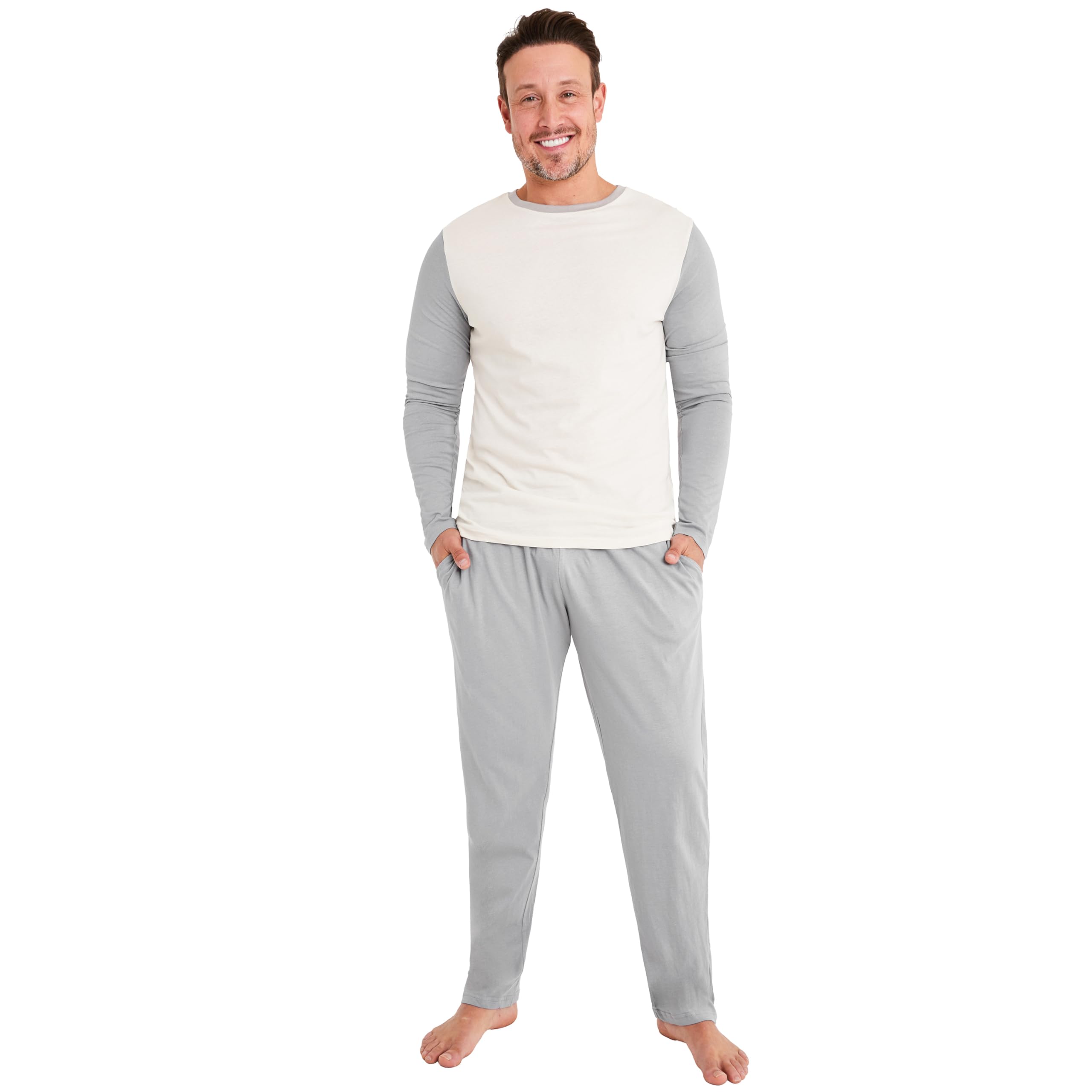 Citycomfort Men's Grey/Cream Long Pyjamas Set, Adults Teenagers Soft 2 Piece Loungewear Nightwear Cosy Pjs - Gifts For Him (, Xl)