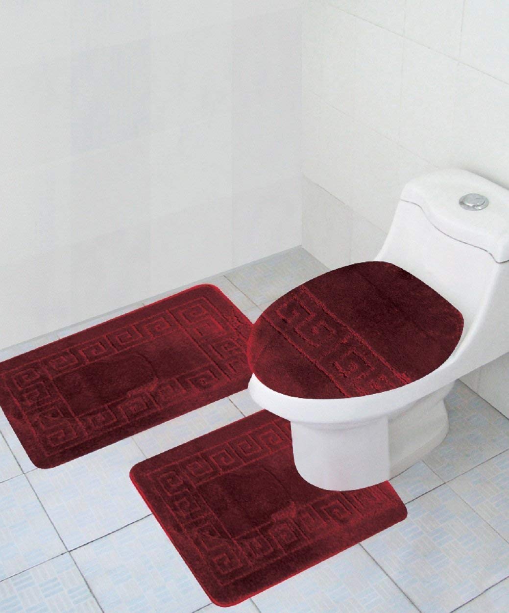 WPM '3 teiliges Bad-Teppich-Set Badteppich Schnittmuster (20 "x32)/Kontur (groß (20 "x20) mit Deckel Large Weinrot