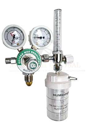 MEDITECH GLOBAL Double Gauge Single Stage Medical Oxygen Regulator (MOX Regulator) with BPC Flowmeter and Humidifier Bot