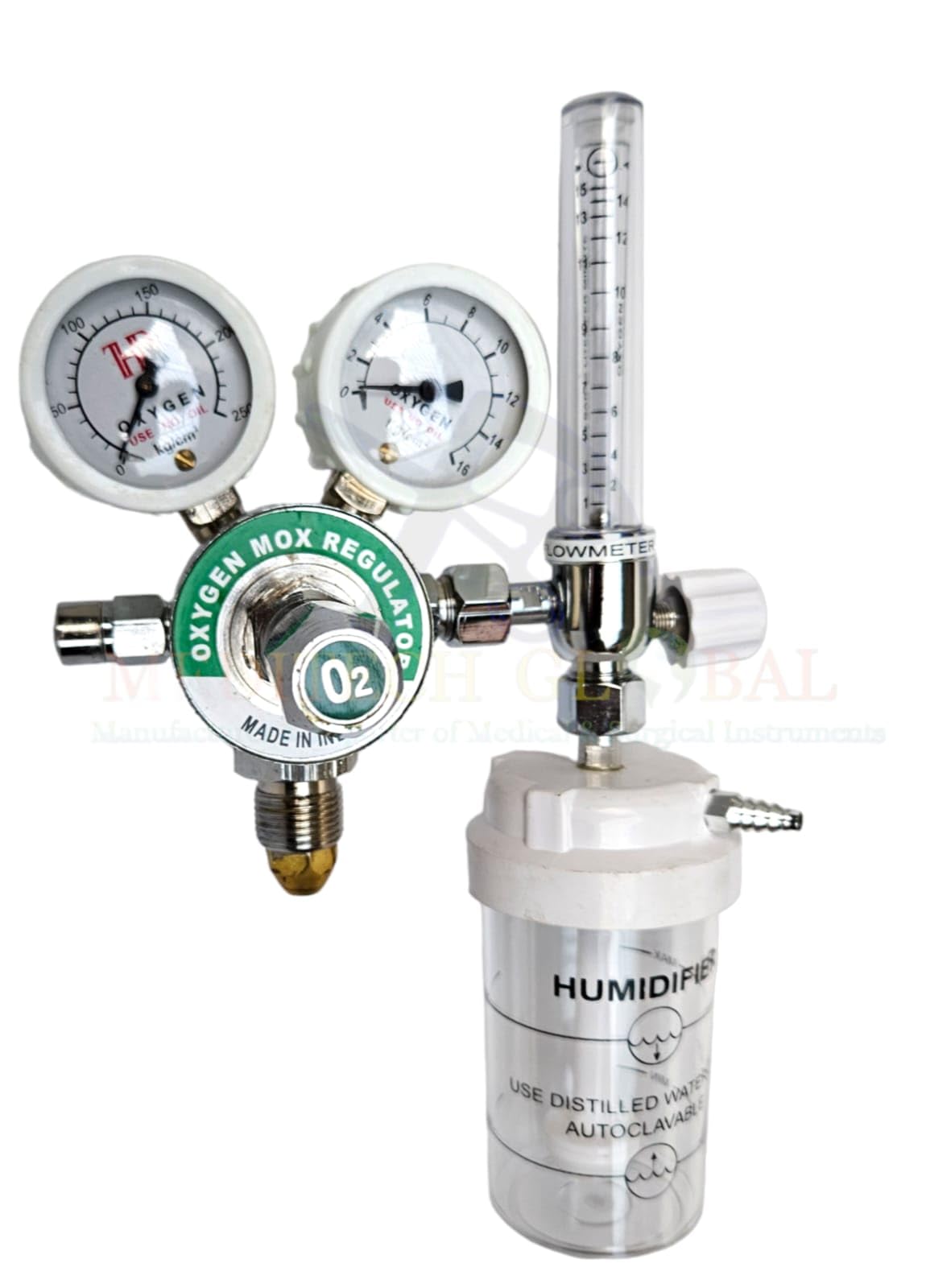 Double Gauge Single Stage Medical Oxygen Regulator (MOX Regulator) with BPC Flowmeter and Humidifier Bottle Set