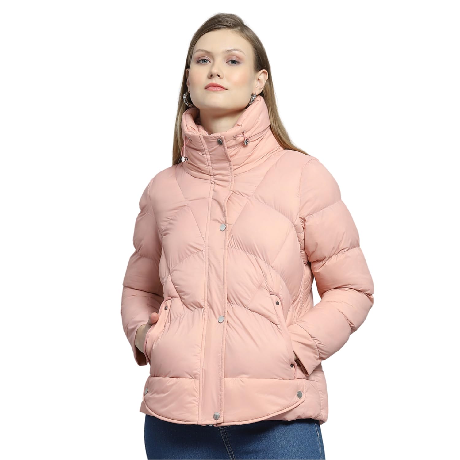 Womens Self Design Peach High Neck Full Sleeve Jacket