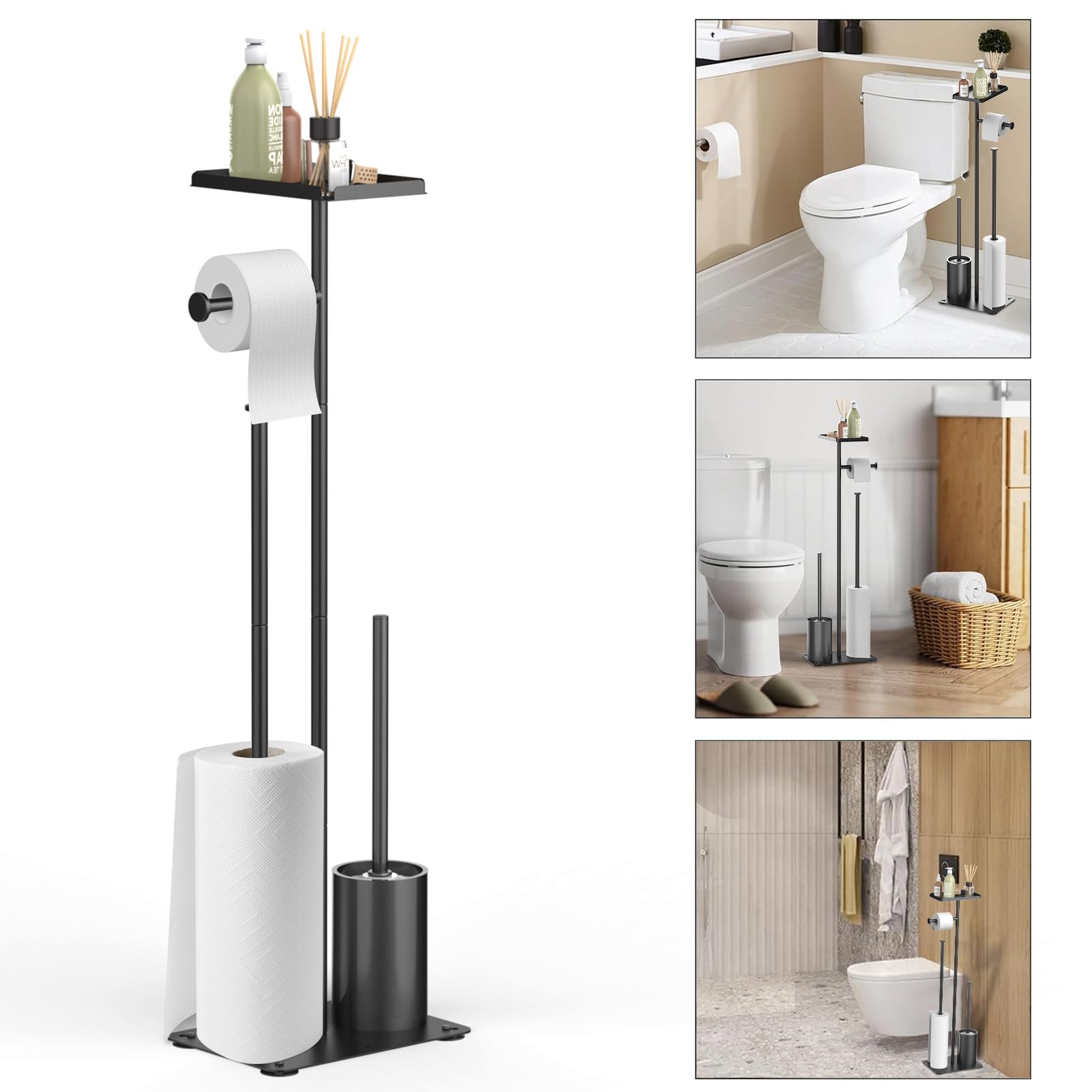 perforlld Toilet Paper Holder Stand, Bathroom Toilet Paper Roll Holder Stand, FreeStanding Toilet Paper Holder with Top Shelf Storage Reserve Tray, Bathroom Toilet Brushes & Weighted Base